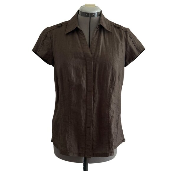 Christopher & Banks Womens Petite Small Short Sleeve V Neck Brown Blouse - Picture 1 of 8